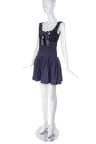 Alexander McQueen Black Velveteen Bustier Fit and Flare "Milk Maid" dress with Silver Grommet and Satin Bow detail