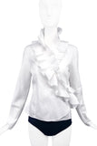 Anne Fontaine White Button-Up Blouse with Asymmetrical Oversize Ruffle Detail