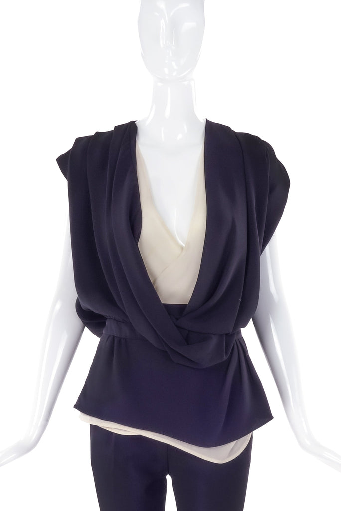 Balenciaga Black Oversize Draped Neckline Blouse with White Camisole