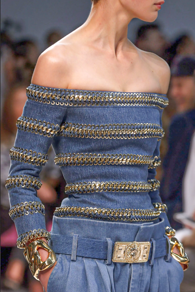 Balmain Blue Denim Gold Chain Corset Off The Shoulder Top Spring Summer 2014 Runway