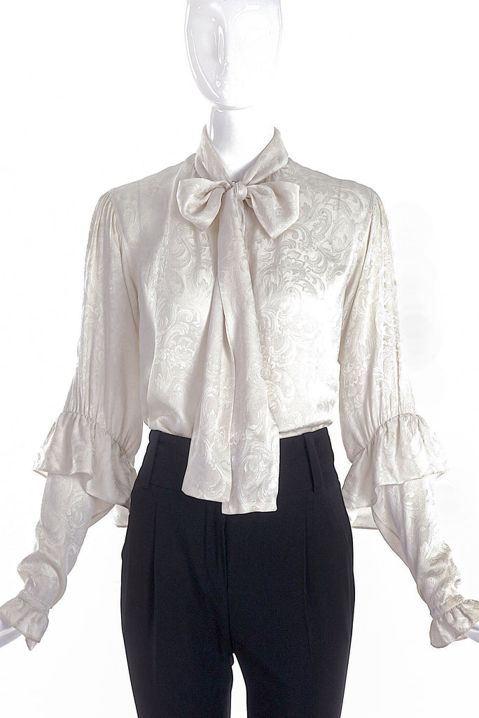 Saint Laurent Rive Gauche White Ruffle Bow Blouse with Paisley Print
