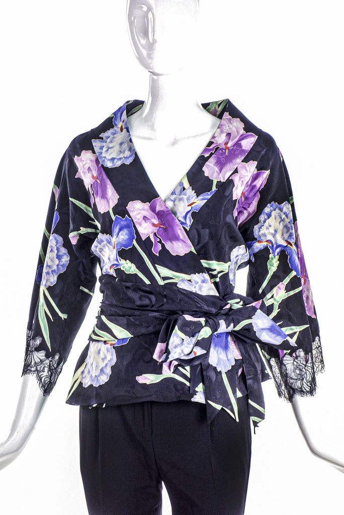 John Galliano Purple and Violet Floral Print Kimono Style Blouse