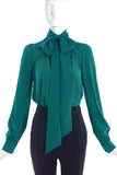 Gucci Emerald Teal Green Military Neck Bow Button-Up Blouse