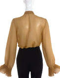 Gucci Camel Sheer Button-Up Blouse with Pleated Tie - BOUTIQUE PURCHASE PRICE