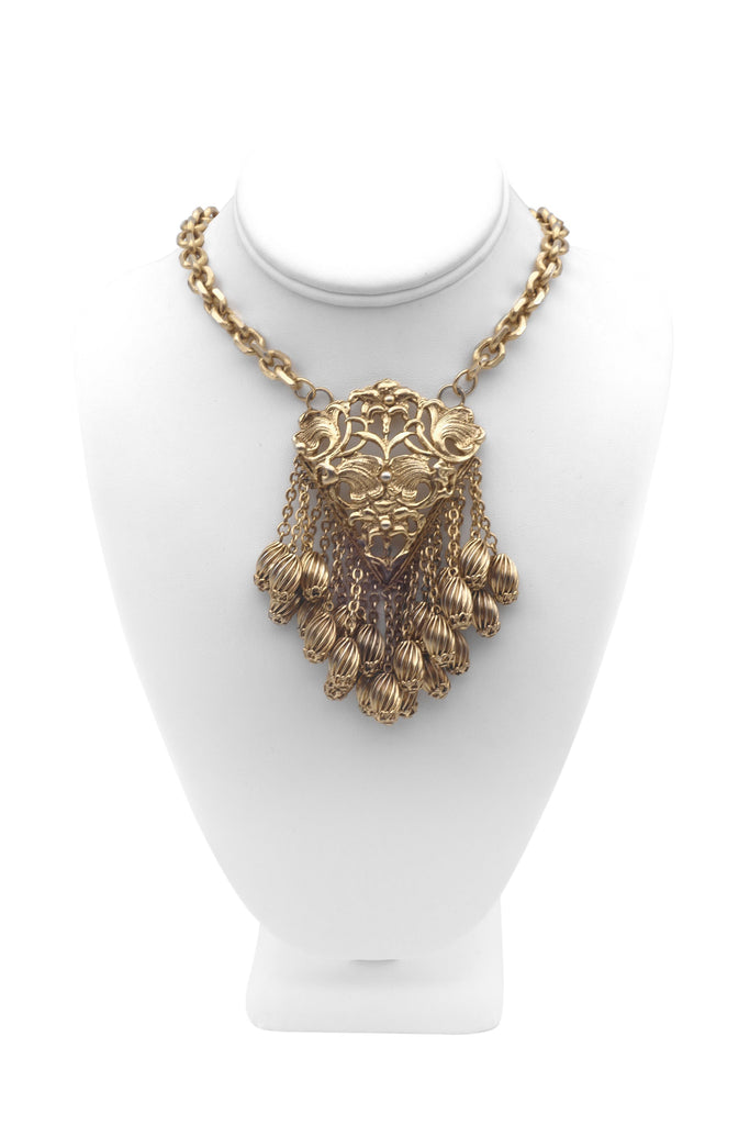 Pauline Trigère Necklace on a Gold Chain with Gold Floral Pendent and Chain Charm Fringe