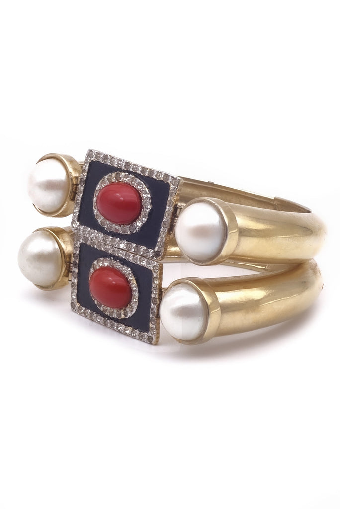 Valentino Gold Cuff Bracelet with Jet Black and Round Red Enamel Detail