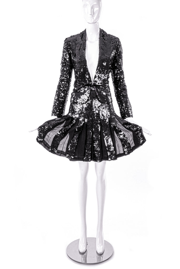 Oleg Cassini Black Silk and Sequin Suit Blazer and Louis Feraud Flouncy Sequin Chiffon Skirt