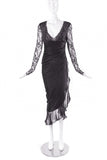 Emanuel Ungaro Black Ruched Cocktail Dress with Lace Long Sleeves - BOUTIQUE PURCHASE PRICE