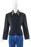 Byblos Black Wool Zip-Up Jacket with Costume Jewel Details on Collar