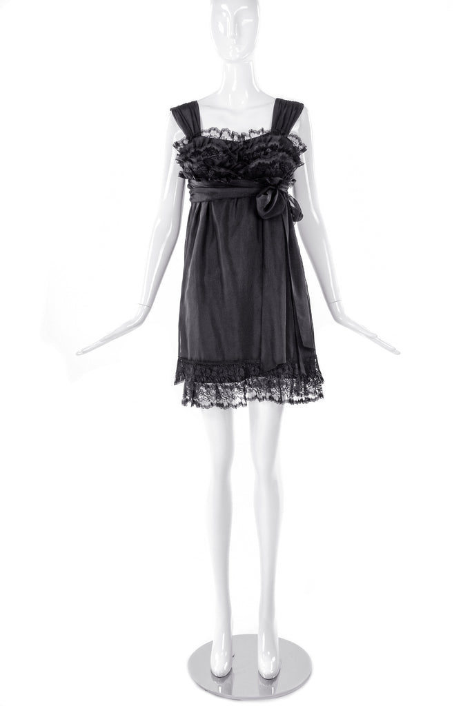 Anna Sui Black Chiffon Baby Doll Dress with Bow and Lace - BOUTIQUE PURCHASE PRICE