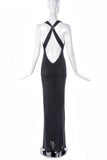 Versus by Gianni Versace Black Bias Cut Gown Dress with Diamond Buckle Low Cut Criss Cross Back 90's