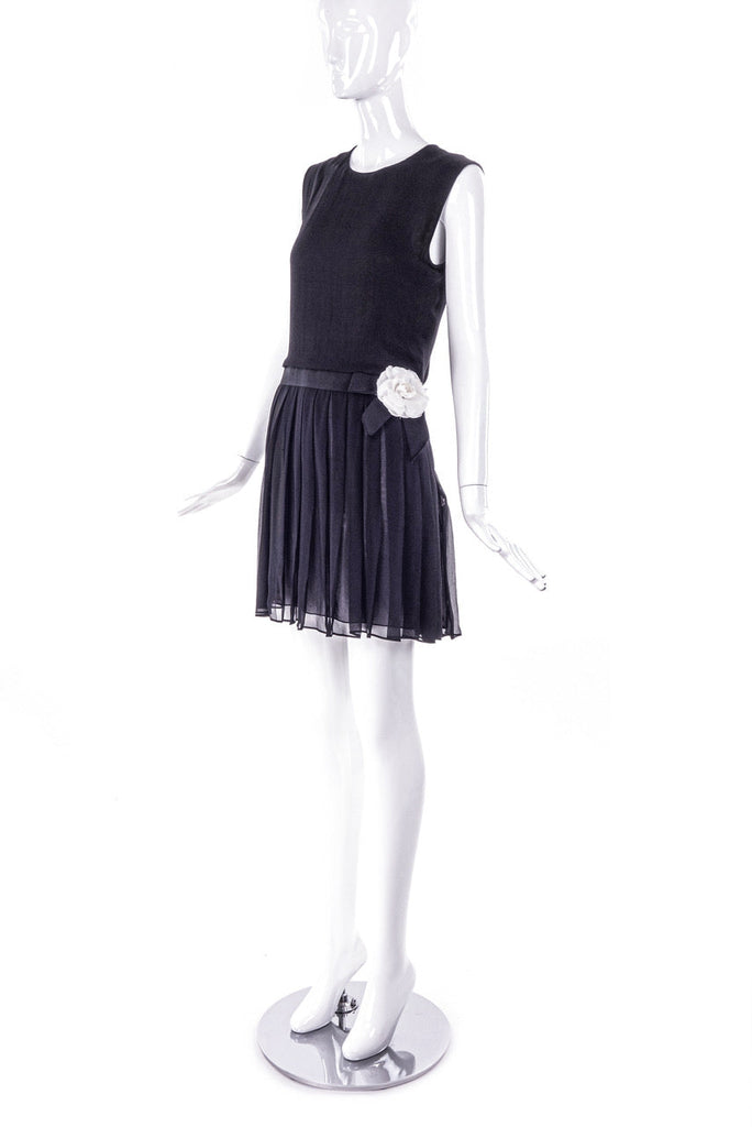 Bill Blass Black "Chanel" Style Chiffon Pleated Dress with White Silk Flower