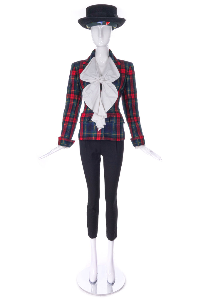 Vivienne Westwood White Ruffle Bow Front "Pirate" Blouse with a Saint Laurent Rive Gauche Tartan Fitted Jacket
