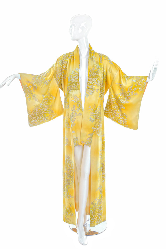 Vintage Yellow Golden Silk Kimono With Flower Print
