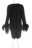 Lanvin Black Wool Dress with Feather Sleeve Cuffs and a Fabric Flower Broach