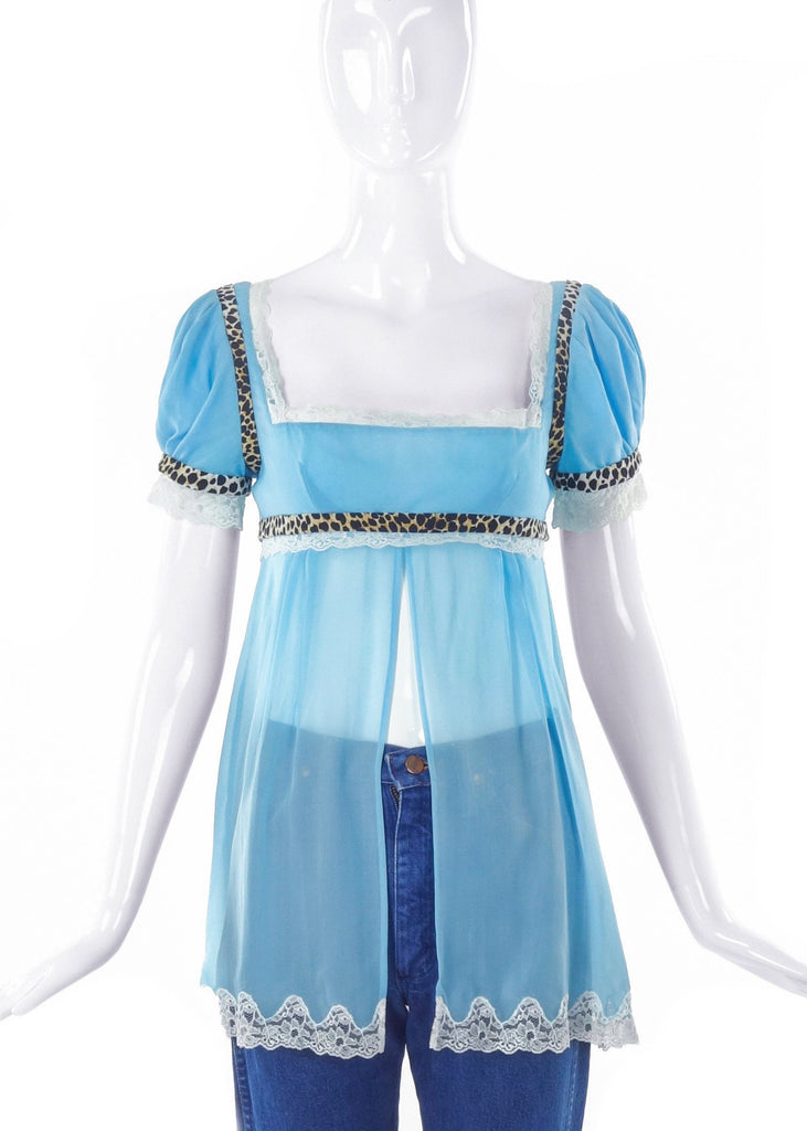 D&G by Dolce & Gabbana Blue Chiffon Baby Doll Top with Leopard Print Details FW2005