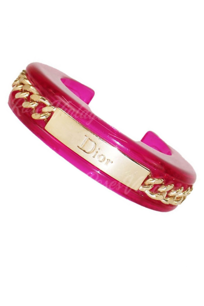 Christian Dior by John Galliano Pink Lucite Resin Gold Curb Chain Logo Bracelets Fall 2004