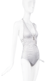 Christian Dior by John Galliano White Dior Logo Print Plunging V Neck Halterneck Bodysuit One Piece Swimsuit