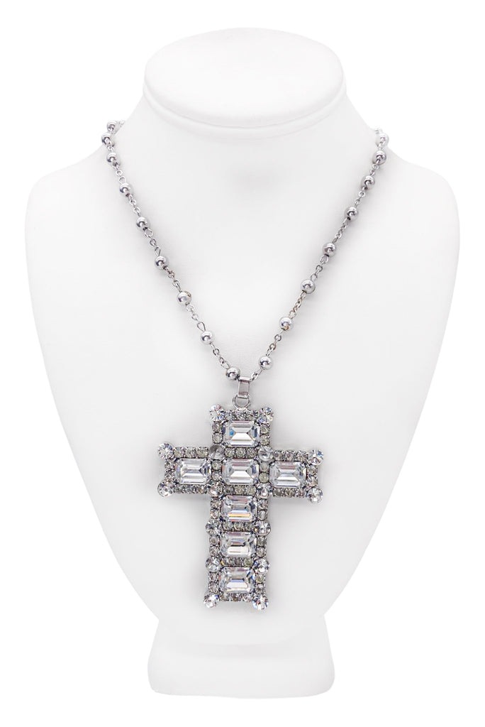 Dolce & Gabbana Silver Crystal Encrusted Cross Rosary Necklace
