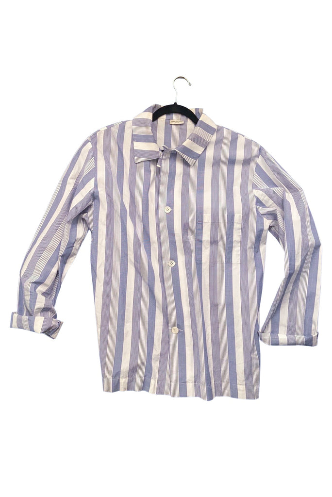 Dries Van Noten Blue and White Vertical Strip Relaxed Fit Button-Up Shirt