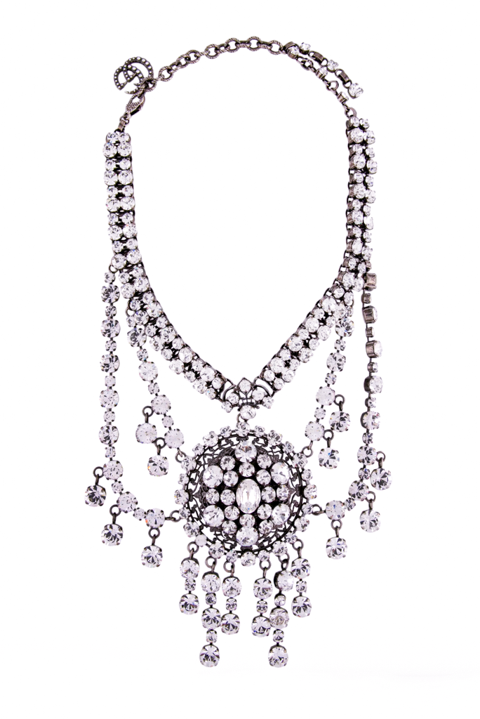 Gucci Crystal Silver Oversized Hanging Necklace Runway Fall 2018