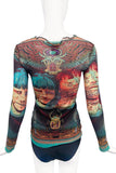Jean Paul Gaultier Multicolor Sheer Mesh Long Sleeve "Tattoo" Print Top