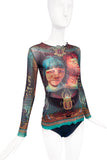 Jean Paul Gaultier Multicolor Sheer Mesh Long Sleeve "Tattoo" Print Top