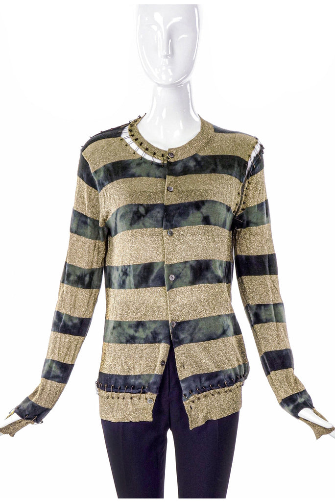 Junya Watanabe Gold Lurex and Tie-dye Green Stripe Cardigan with Antique Gold Safety Pin Details