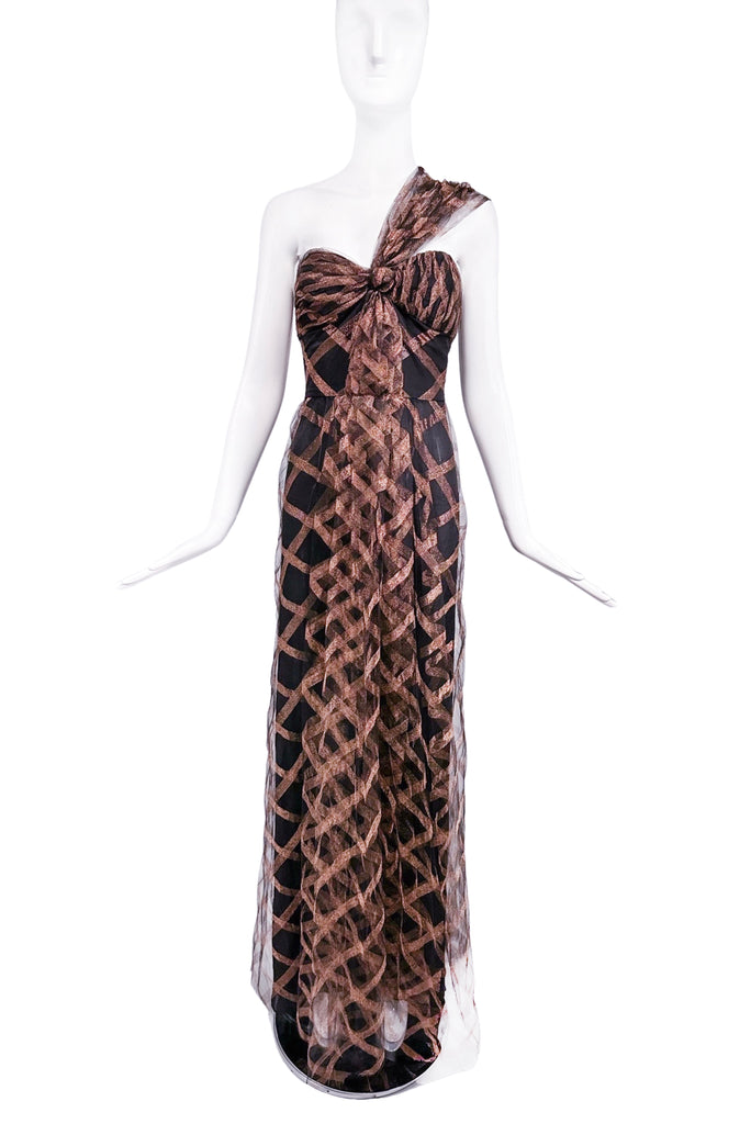 Badgley Mischka Couture Black Copper Brown Metallic Diamond Pattern Tulle Asymmetric Strap Gown Dress