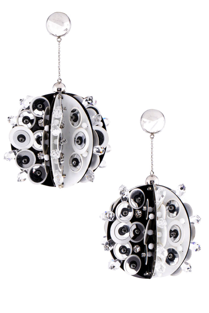 Prada Black & White Crystal Embellished Sputnik Ball 60's Earrings Spring 2016 Runway