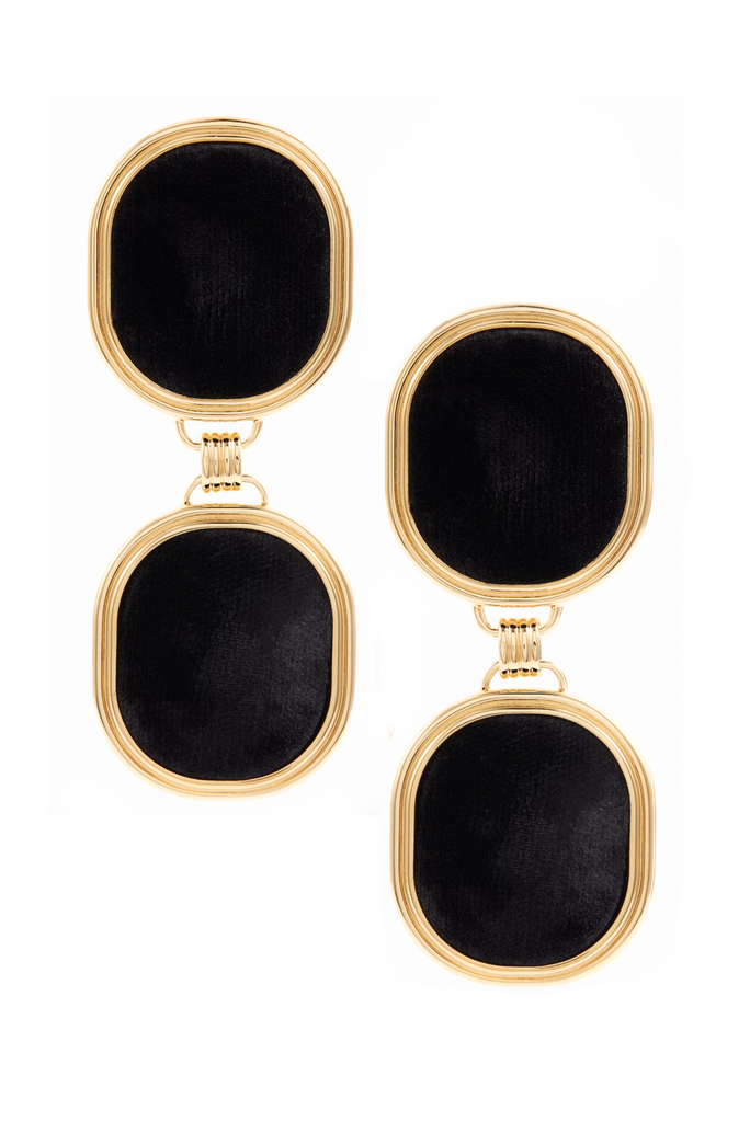 Saint Laurent Gold Black Velvet Oval Double Earrings