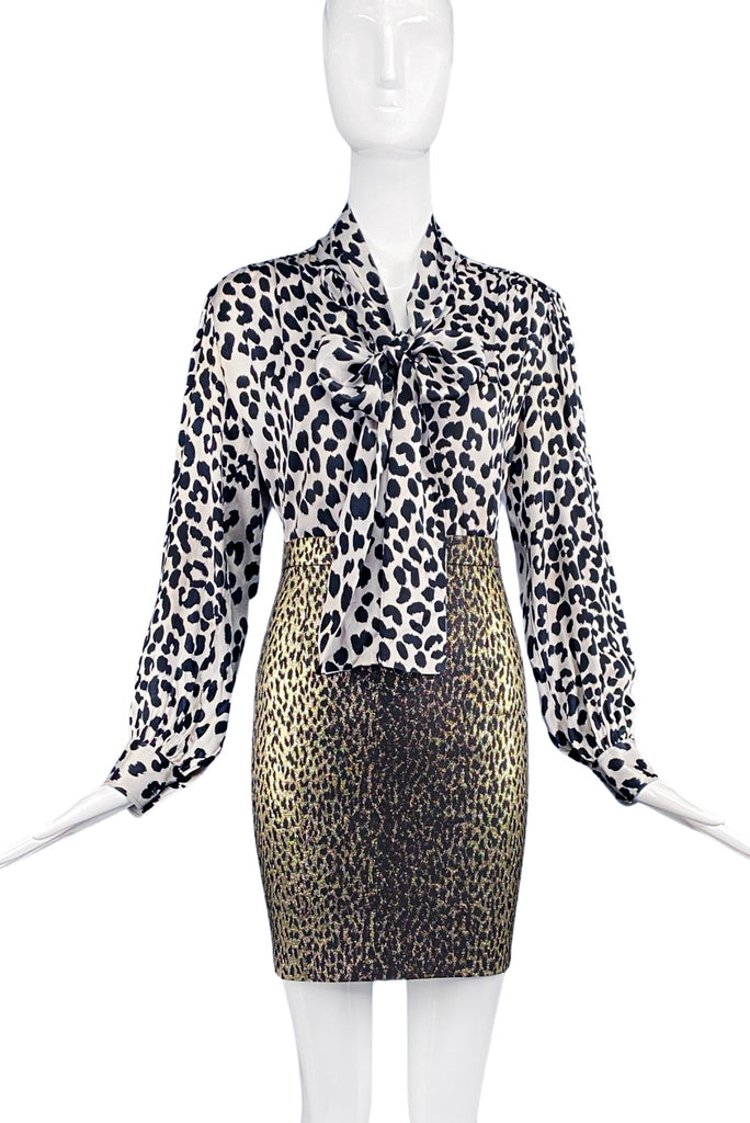 Saint Laurent Rive Gauche Black & White Leopard Bow Blouse