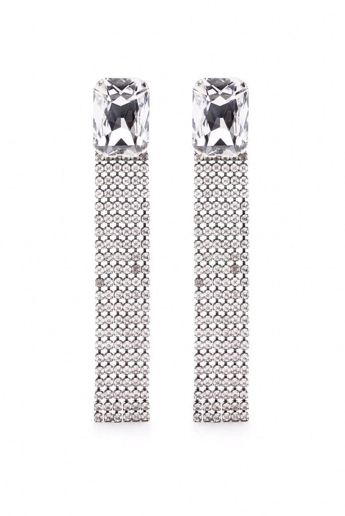 Saint Laurent Silver Crystal Fringe Extra Long Earrings Fall 2021
