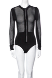 Balmain Black Fishnet Zipper Long Sleeve Body Suit #