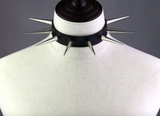 Vintage Black Leather Silver Chrome Metal Extra Long Spike Choker Necklace