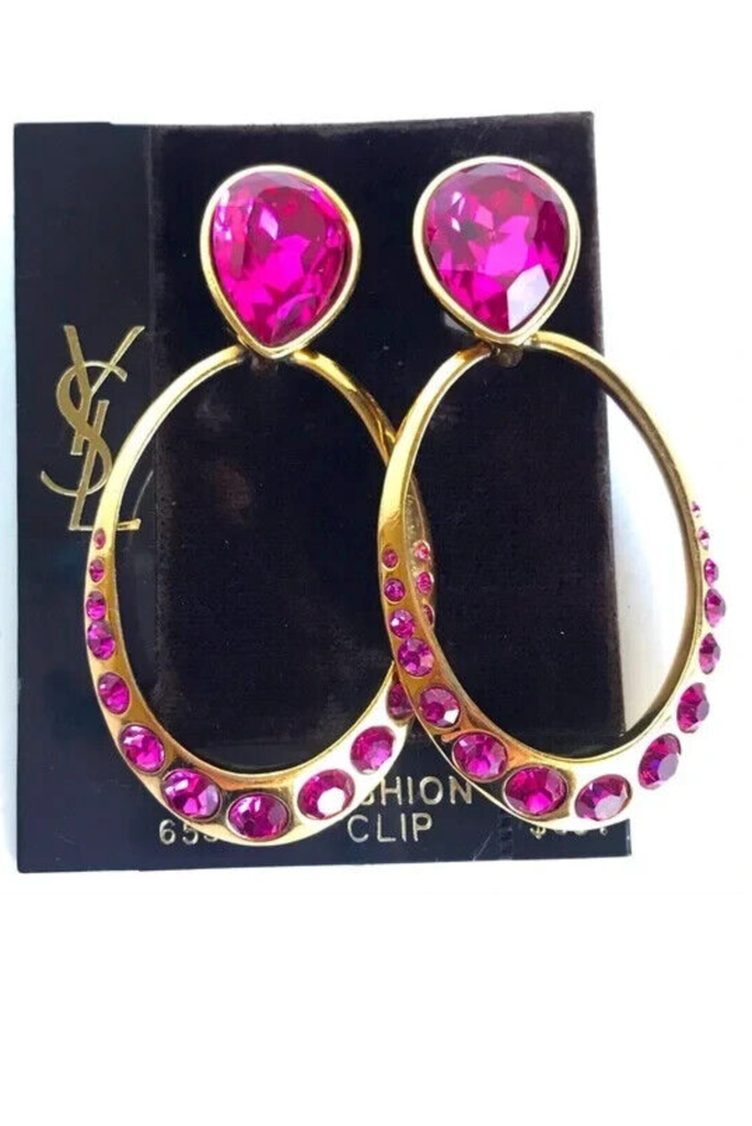 Saint Laurent YSL Vintage 80's Gold Pink Fuchsia Magenta Crystal Hoop Earrings