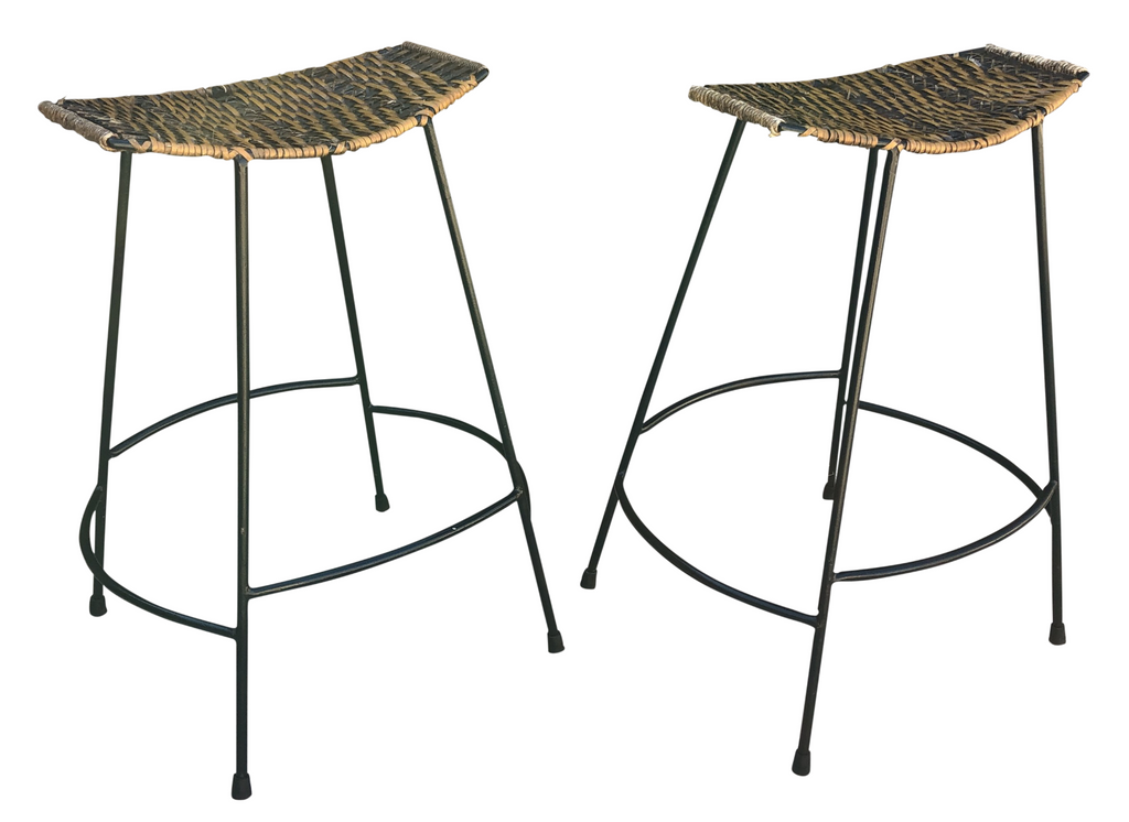 Arthur Umanoff Iron and Rattan Bar Stool Set