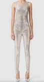 Burberry Silver Metallic Sequin Paillette Nude Stretch Leggings