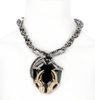 Roberto Cavalli Silver Gunmetal Black Gem Stone Crocodile Embellished Necklace