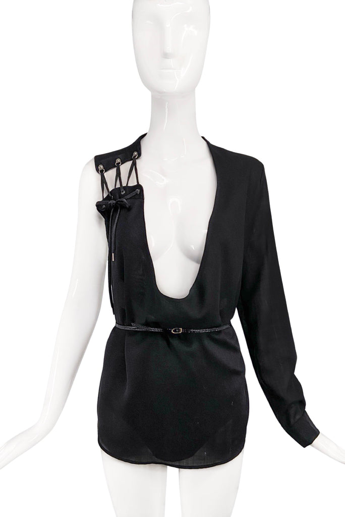 Anthony Vaccarello Black One Sleeve Lace Up Plunging Drape Top Fall 2016 Runway
