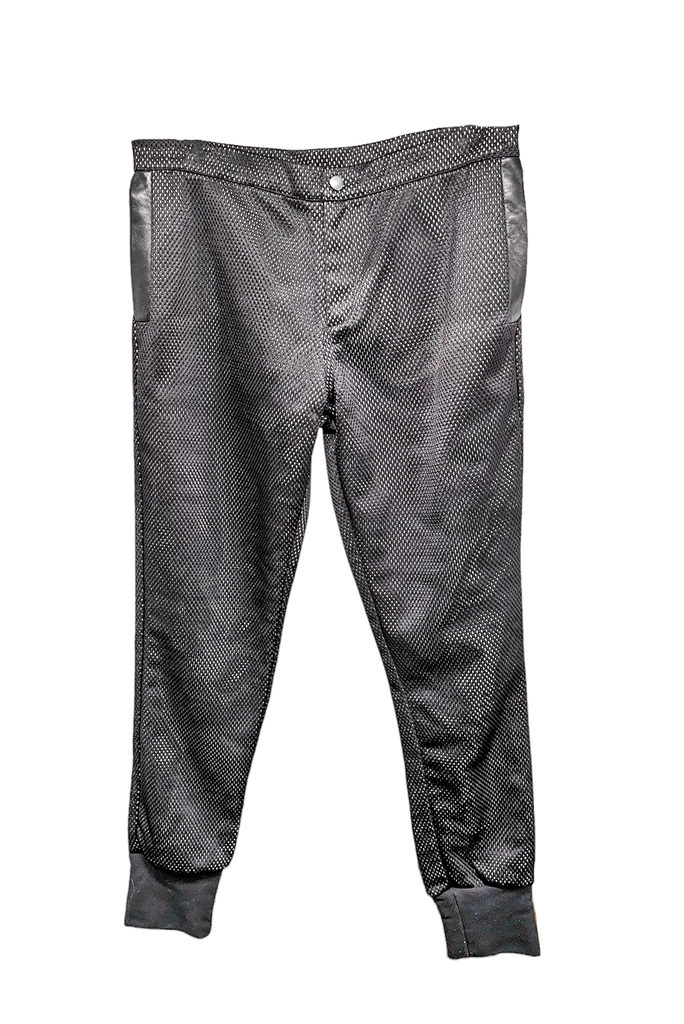 Vintage Black Mesh Fishnet Jogger Pants with Silver Metallic Lining and Leather Details