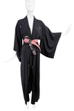 Vintage Black Silk Very Thin Long Kimono with Pink / Black Wrap Belt