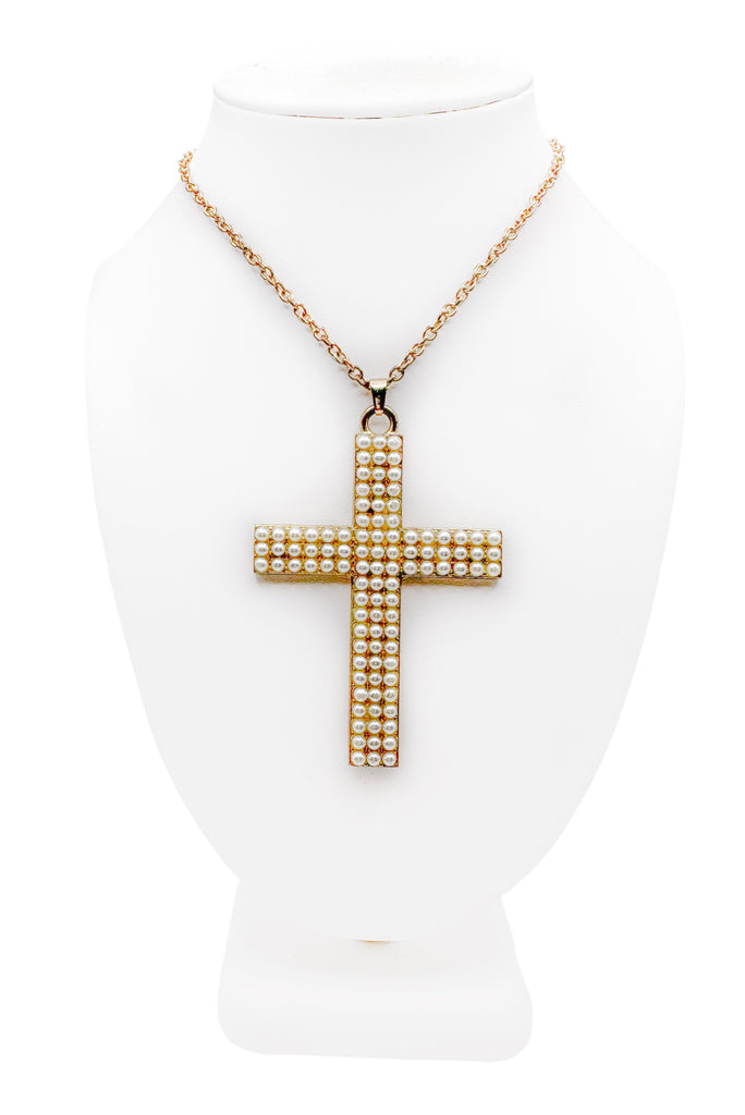 Vintage Gold Pearl Cross Necklace