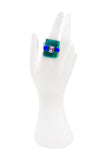 Vintage Green and Blue Lucite Geometric Ring with Pink Crystal Detail