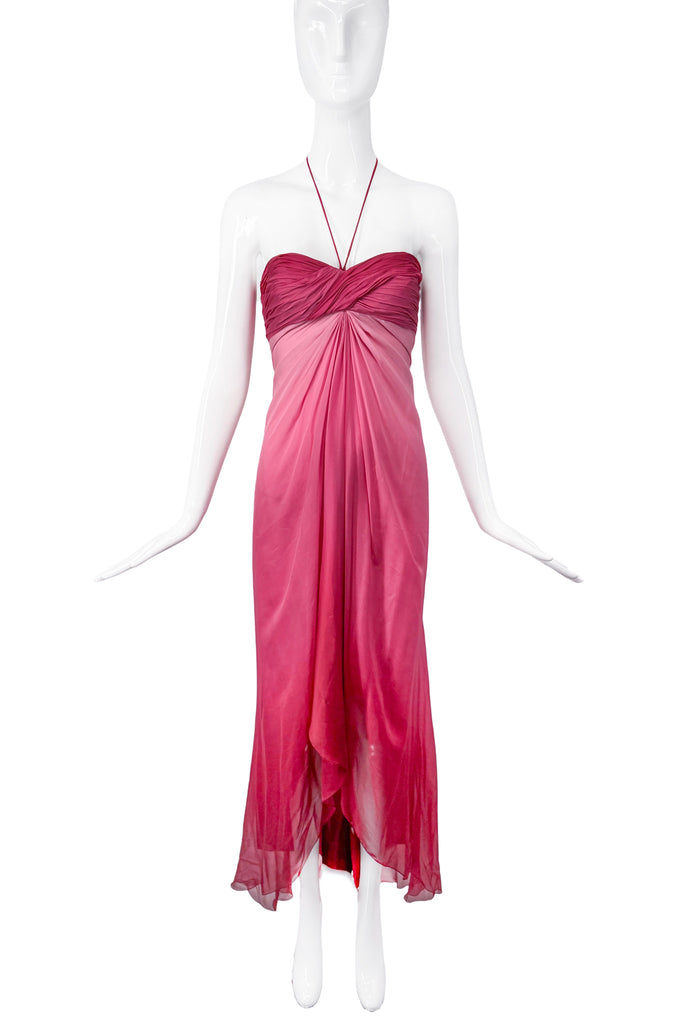 Azzaro Paris Pink Silk Chiffon Gradation Halterneck Flowy Dress Gown