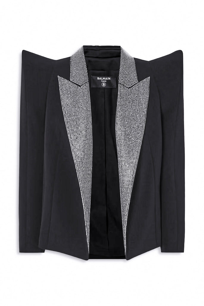 Balmain Black Silver Crystal Lapel Pointed Shoulder Klaus Nomi Tuxedo Jacket Runway Spring 2021