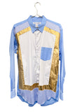 Comme des Garcons Blue White & Gold Lame Mosaic Patchwork Shirt