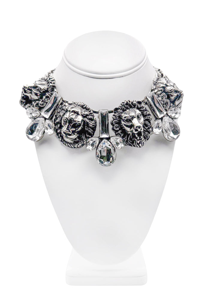 Gucci Silver Crystal Lion Head Necklace Choker