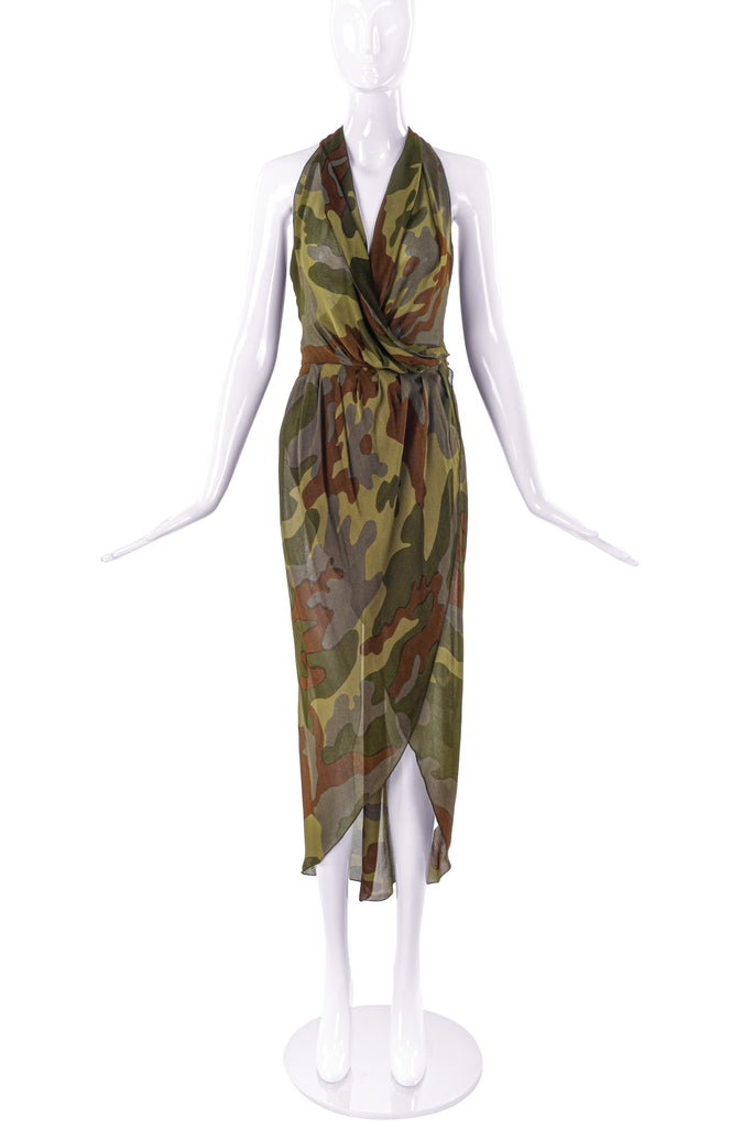 Krizia Green Camouflage Silk Print Halter Wrap Dress