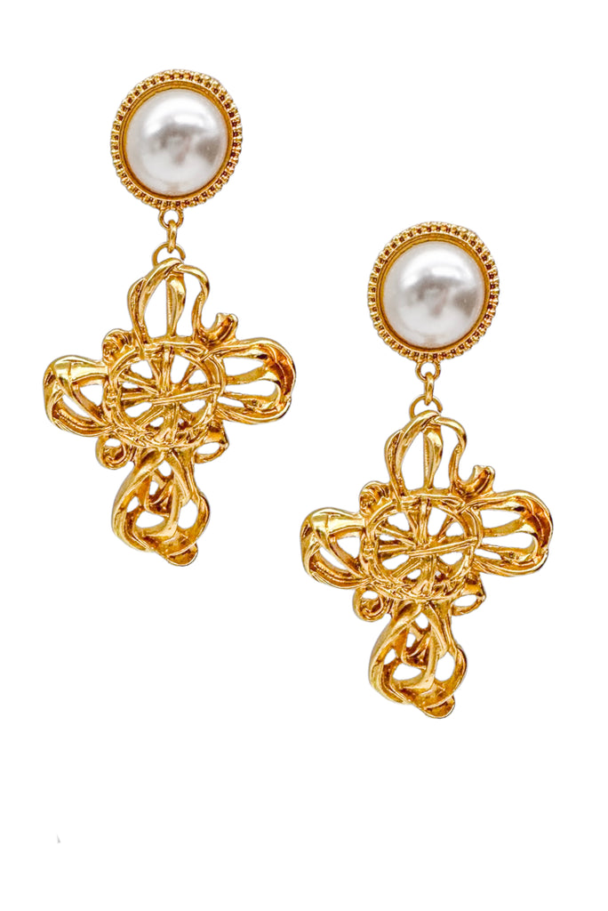 Vintage Gold Lacroix Style Cross Pearl Button Earrings